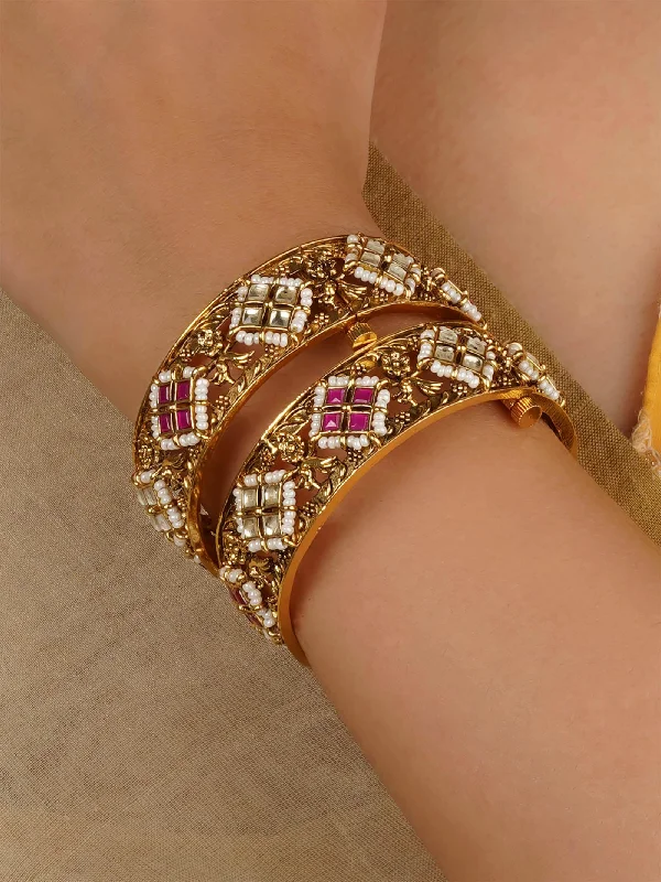 women’s cuff bangles-Pink Color Gold Plated Jadau Kundan Bangles - MB197YP