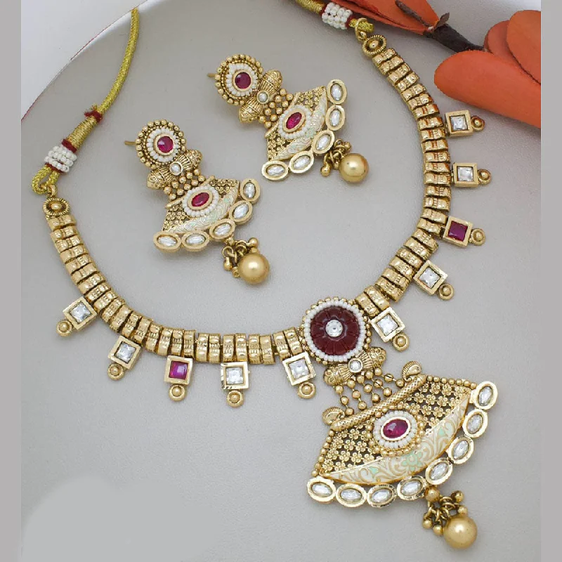 women’s multi-strand necklaces-Manisha Jewellery Gold Plated Pota Stone And Pearls Meenakari Necklace Set