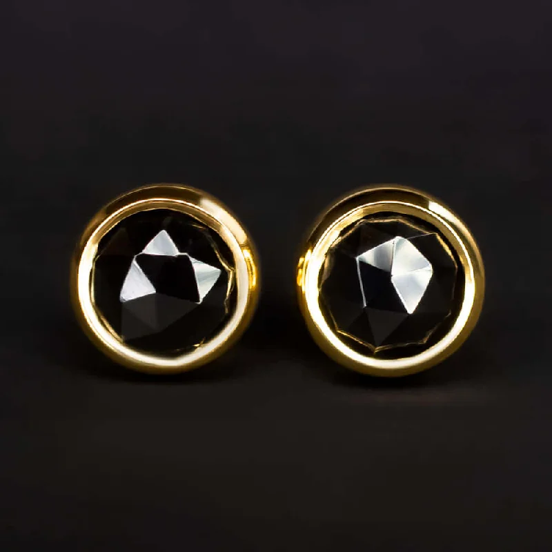 women’s matching earrings-14K YELLOW GOLD BLACK SPINEL STUD EARRINGS 5mm ROUND ROSE CUT BEZEL MINIMALIST