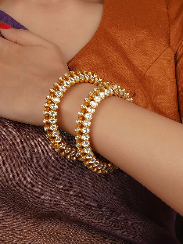 women’s statement bracelets-White Color Gold Plated Thappa Jadau Kundan Bangles - TJ-B20