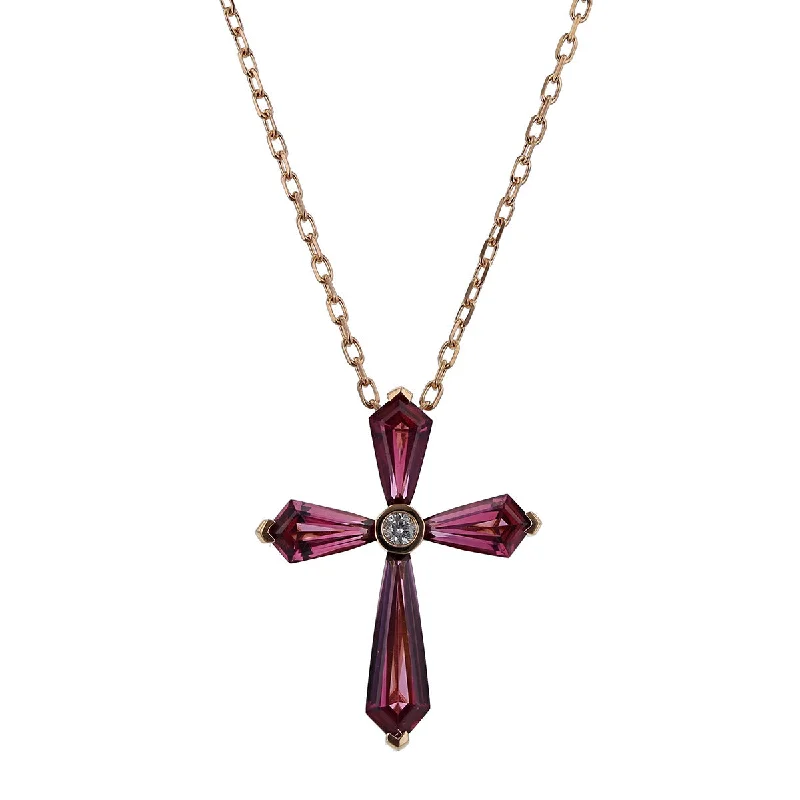 women’s birthday gift necklaces-Garnet and Diamond Cross Pendant Necklace