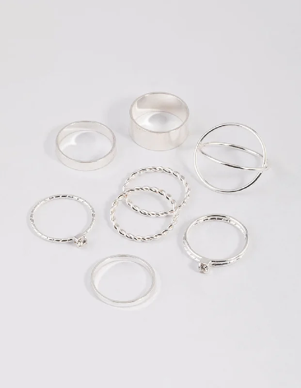 women’s personalized rings with name-Silver Thick & Diamante Ring 8-Pack