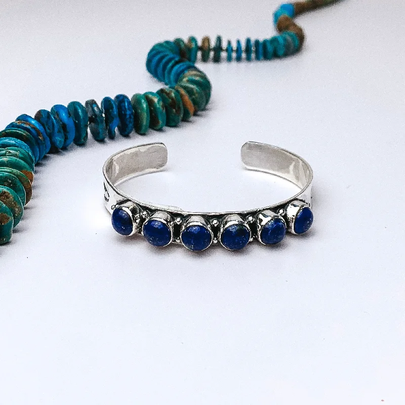 women’s diamond bracelets-HaDa Collection | Detailed Sterling Silver Cuff with Six Dark Lapis Turquoise Stones