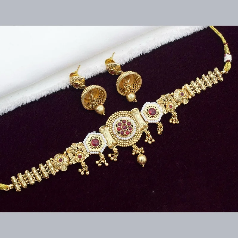 women’s gift necklaces-Kavita Art Gold Plated Kundan Stone And Pearl Choker Necklace Set