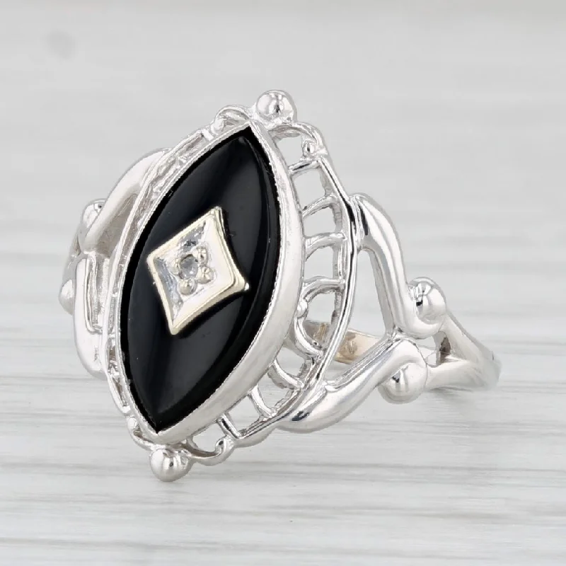 women’s round diamond solitaire engagement rings-Vintage Marquise Onyx Diamond Ring 10k White Gold Size 4.75