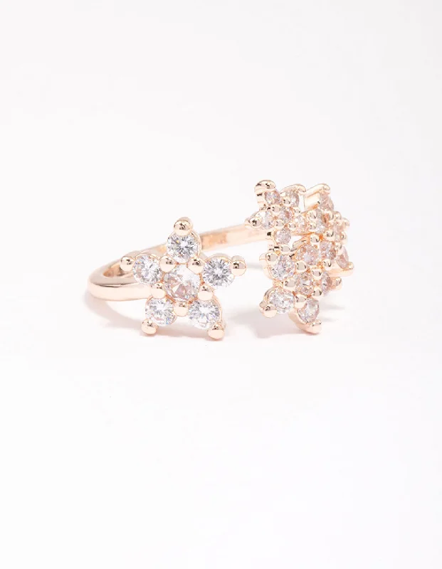 women’s statement rings-Rose Gold Plated Cubic Zirconia Open Flower Ring