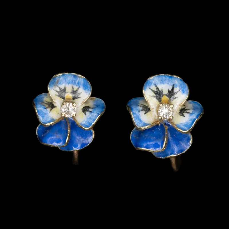 women’s adjustable earrings-ART NOUVEAU FLOWER EARRINGS DIAMOND 14k YELLOW GOLD BLUE WHITE ENAMEL PANSY