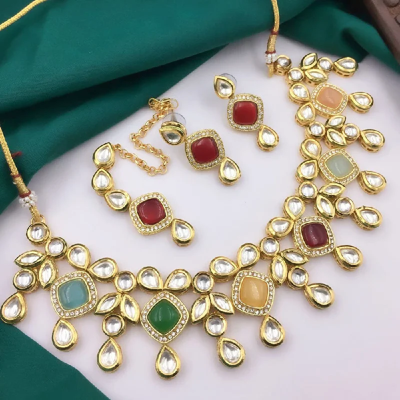 women’s bridal pendant necklaces-5G Jewellery Gold Plated Kundan Stone And Beads  Necklace Set