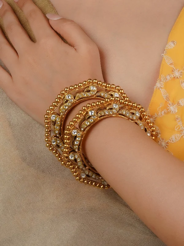 women’s vintage bangles-White Color Gold Plated Thappa Jadau Kundan Bangles - TJ-B11