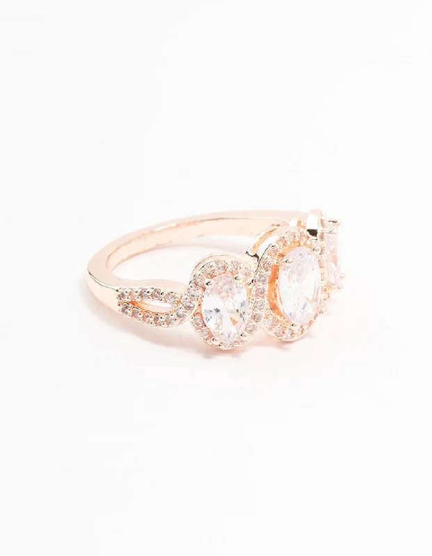 women’s silver rings-Rose Gold Trio Oval Cubic Zirconia Ring