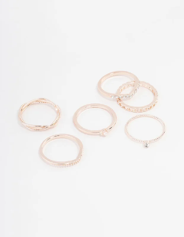 women’s wedding rings for her-Rose Gold Plated Cubic Zirconia Twist & Dip Ring 6-Pack