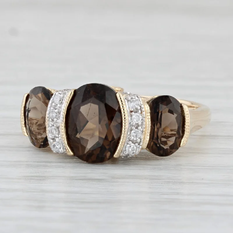 women’s nature inspired engagement rings-3.48ctw Smoky Quartz Diamond Ring 14k Yellow Gold Size 7.25 Oval 3-Stone