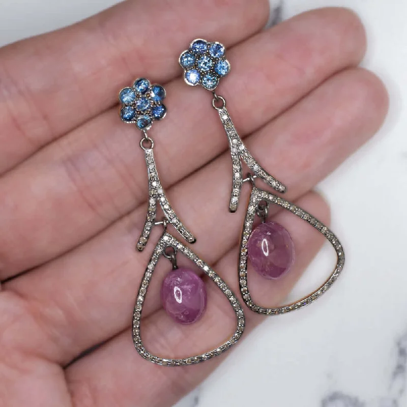 women’s diamond earrings-12ct NATURAL DIAMOND RUBY SAPPHIRE DANGLE EARRINGS BOHO STATEMENT DROP BLUE RED