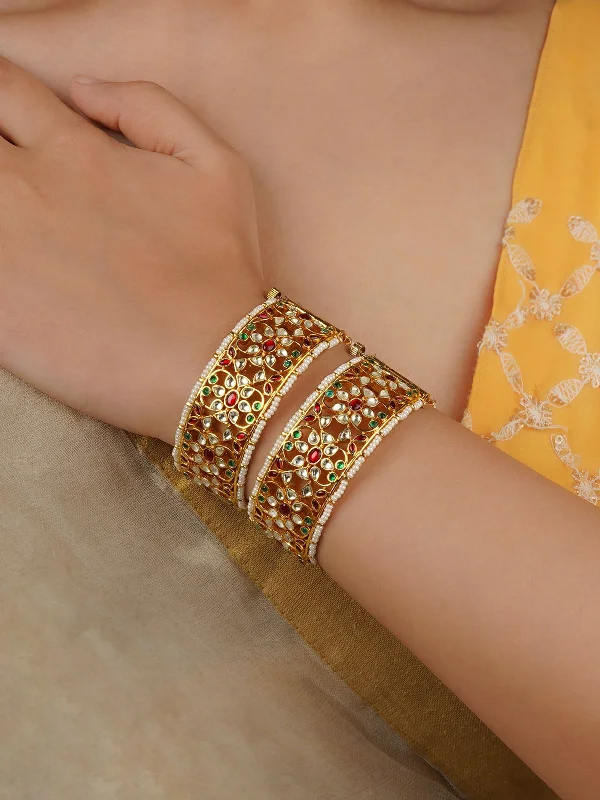 women’s vintage bracelets-Multicolor Gold Plated Jadau Kundan Bangles - MB177M