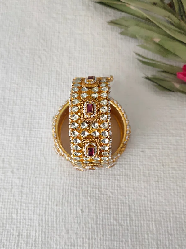 women’s sophisticated bracelets-Red Color Gold Plated Jadau Kundan Bangles - MB46R