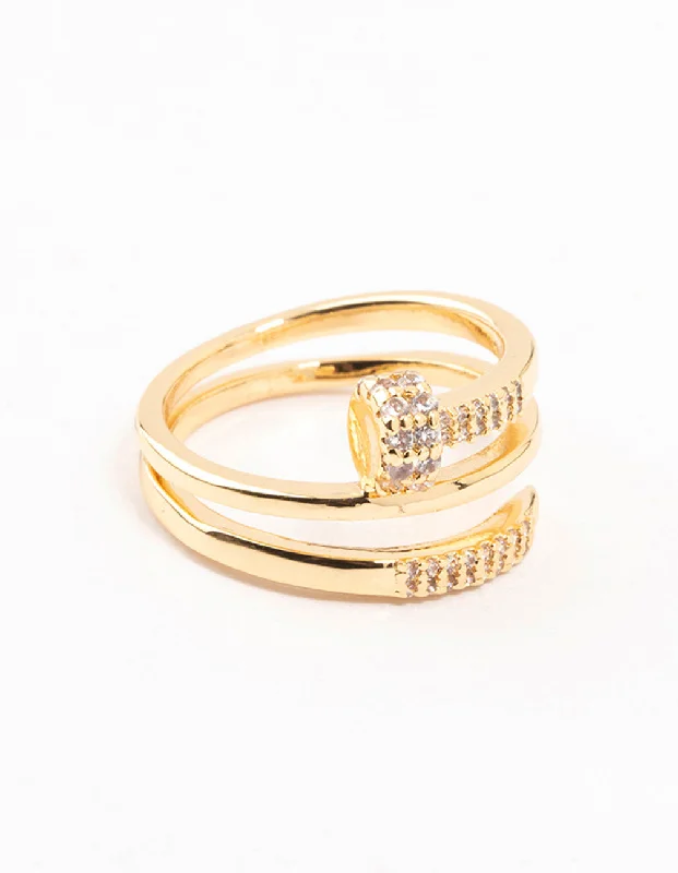 women’s large statement rings-Gold Plated Cubic Zirconia Nail Wrapped Ring