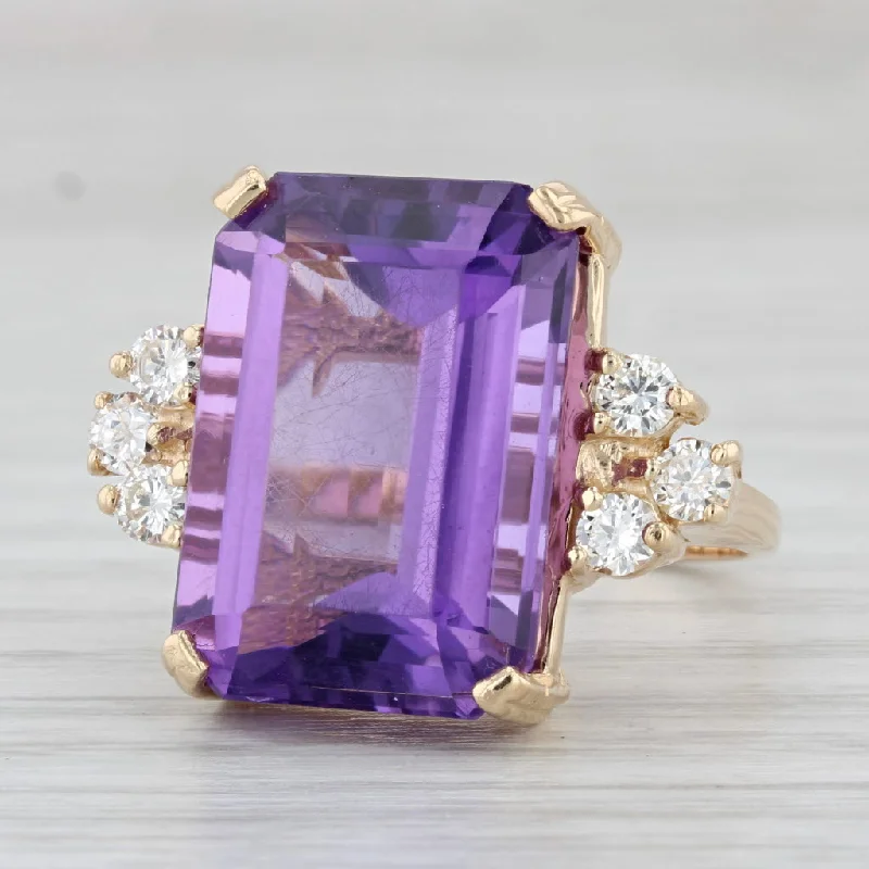 women’s silver engagement rings-14ctw Large Emerald Cut Amethyst Diamond Ring 14k Yellow Gold Size 6.25 Cocktail