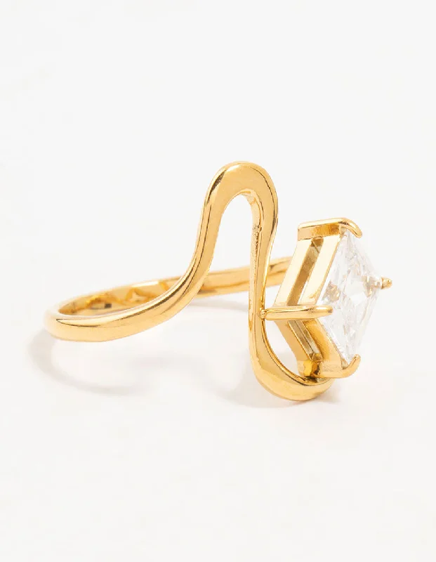 women’s vintage gemstone rings-Waterproof Gold Plated Stainless Steel Wavy Statement Ring