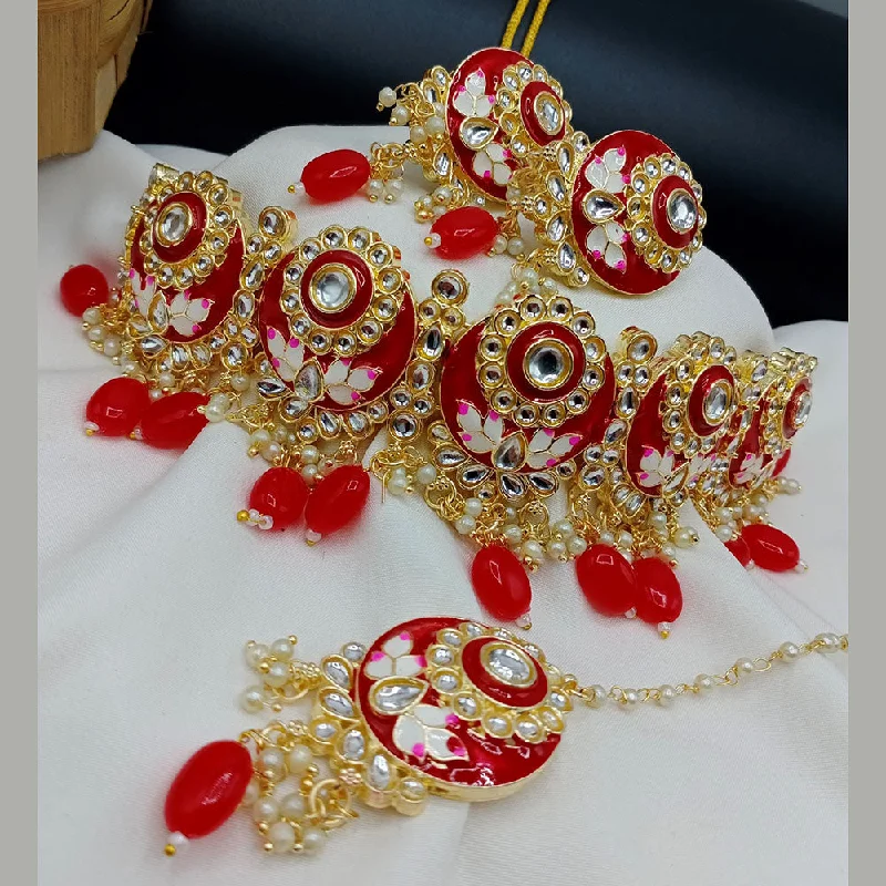 women’s chunky necklaces-Lalso Partywear Red Meenakari Kundan Choker Necklace Earrings Jewelry Set with maangtikka