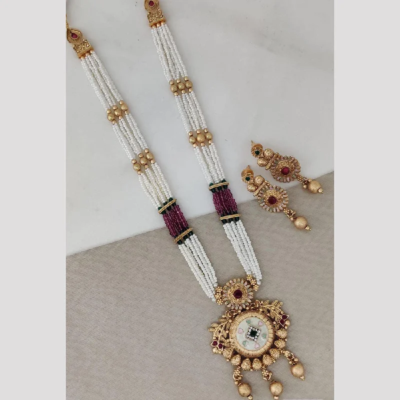 women’s infinity necklaces-Rani Sati Jewels Gold Plated Pota Stone And Pearl Long Necklace Set