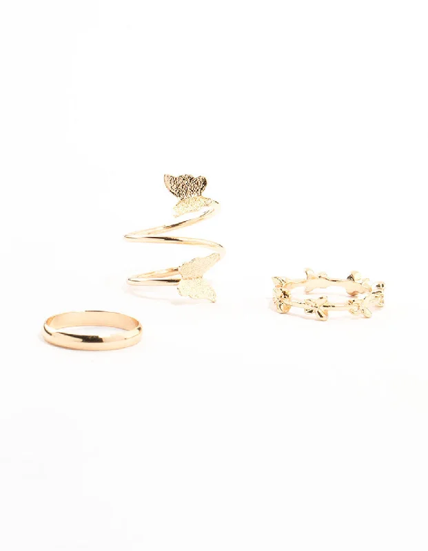 women’s adjustable gemstone rings-Gold Wrapped & Butterfly Rings 3-Pack