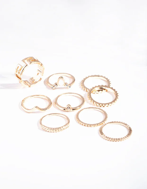 women’s fashion rings-Gold Key Cut-Out Ring Pack