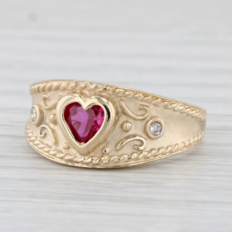 women’s vintage engagement rings-Lab Created Ruby Heart Diamond Ring 10k Yellow Gold Size 7