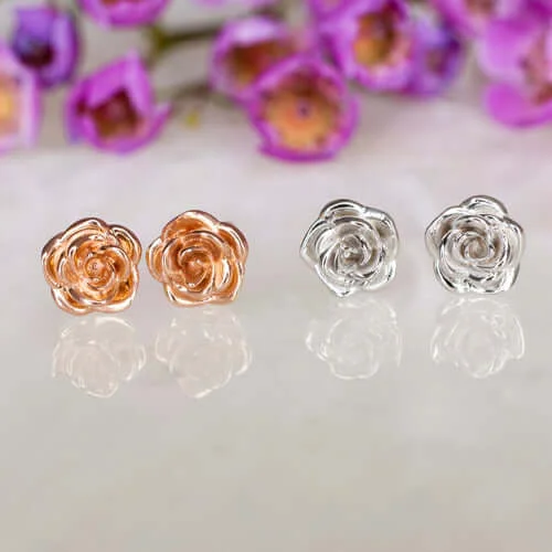 women’s double hoop earrings-14K ROSE GOLD STUDS 5.5mm FLORAL EARRINGS BOTANICAL FLOWER DAINTY VINTAGE STYLE