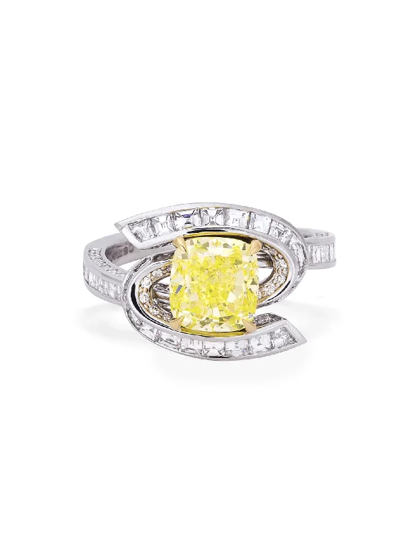 women’s halo engagement rings-Swirl Design Platinum Cushion Yellow Diamond Ring