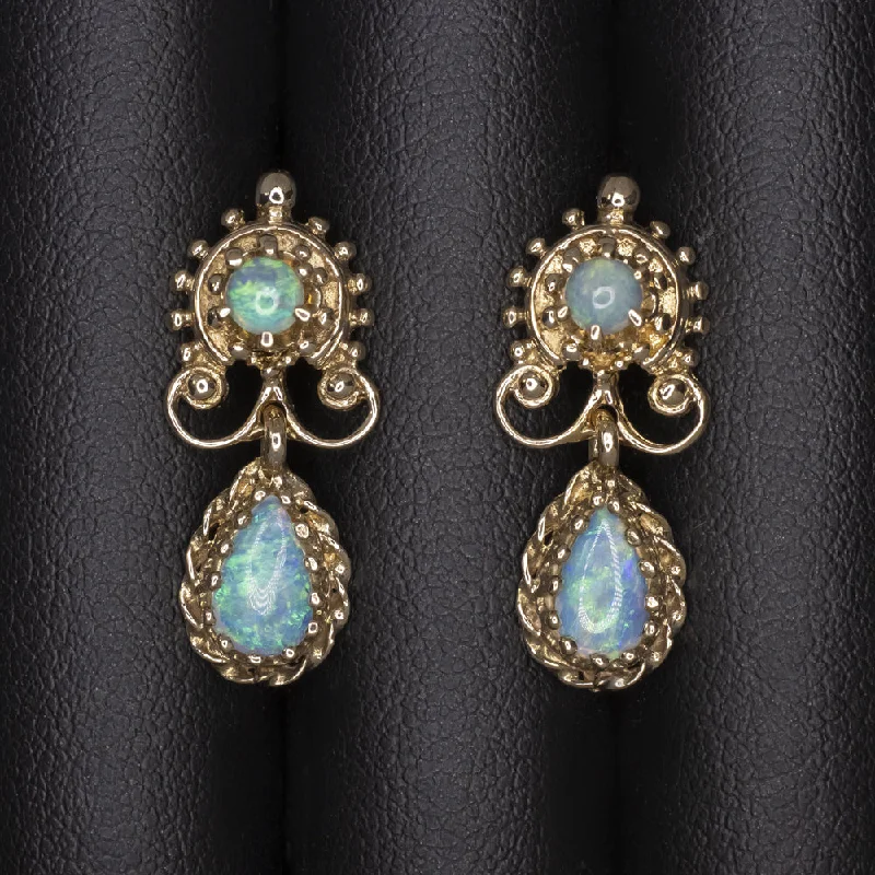 women’s classic earrings-VINTAGE OPAL DANGLE EARRINGS 14k YELLOW GOLD DROP ESTATE JEWELRY NATURAL PEAR