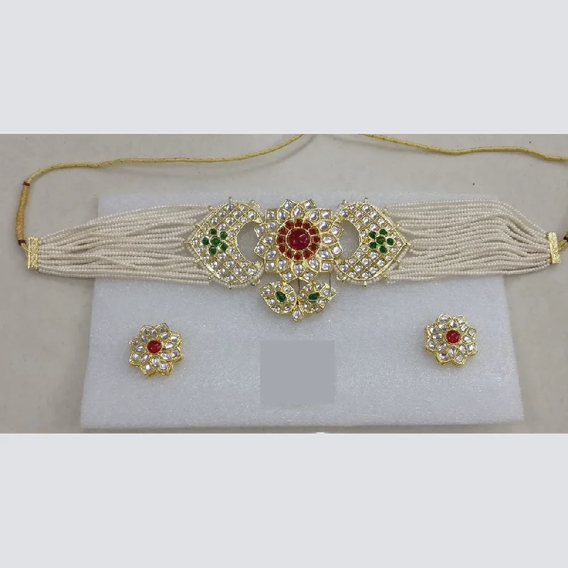 women’s bridal necklaces-Midas Touch Gold Plated Kundan And Pearl Choker Necklace Set