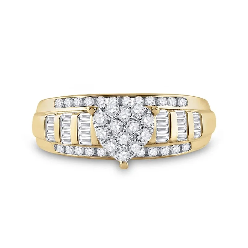 women’s round cut diamond engagement rings-Heart Solitaire Baguette Diamond Ring 10K Gold