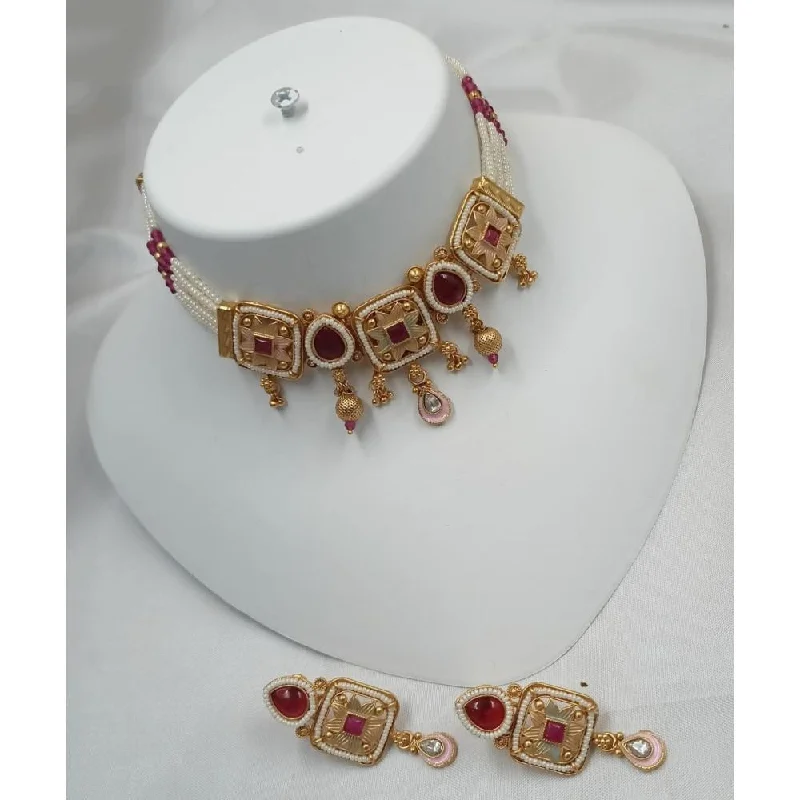 women’s sapphire necklaces-Akruti Collection Gold Plated Kundan Stone And Meenakari Choker Necklace Set