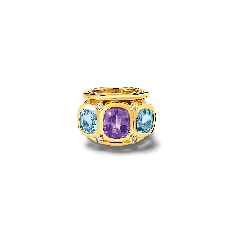 women’s matching rings-Ozymandias Ring 18ct Yellow Gold - Amethyst, Blue Topaz & Diamond