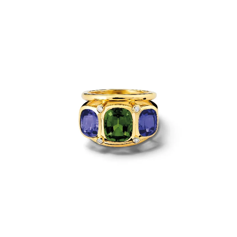 women’s vintage wedding rings-Ozymandias Ring 18ct Yellow Gold - Green Tourmaline, Iolite & Diamond