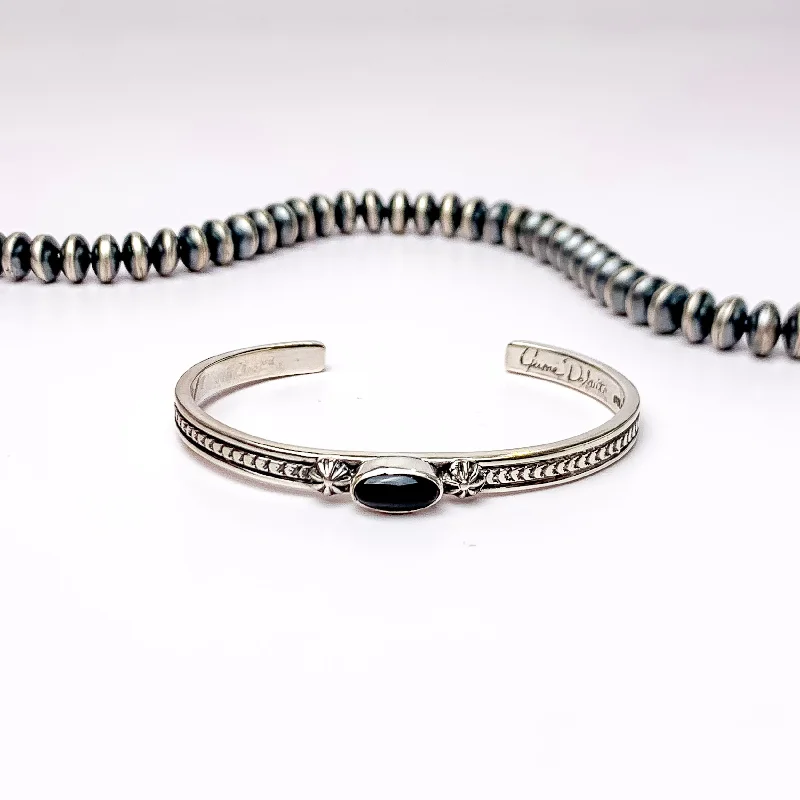 women’s infinity bangles-June Delauito | Navajo Handmade Detailed Sterling Silver Cuff with Center Black Onyx Stone