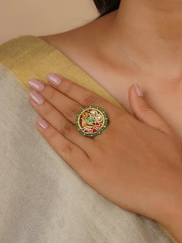 women’s two-tone rings-Multicolor Gold Plated Jadau Kundan Ring - MRNG168M