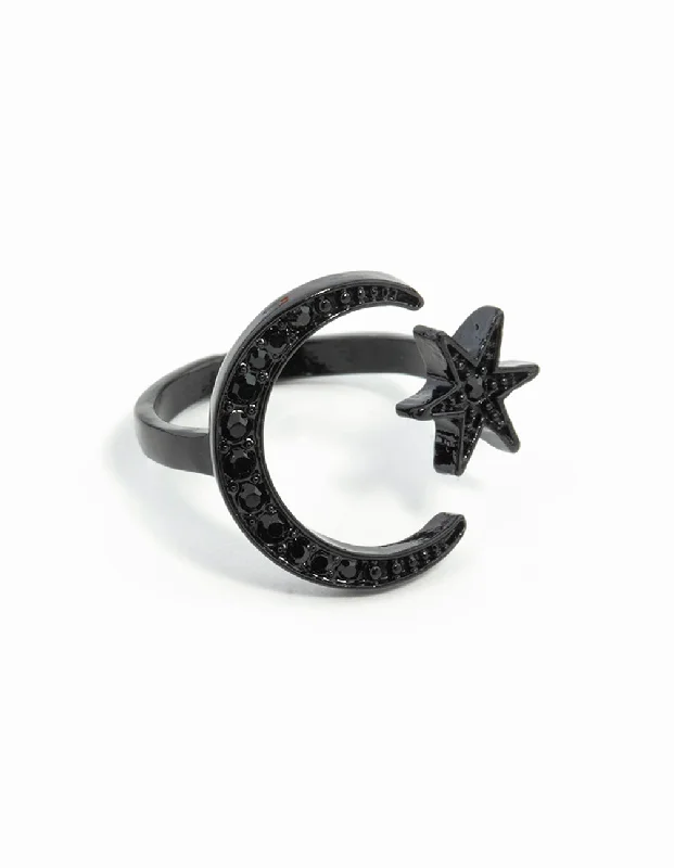 women’s gemstone engagement rings-Black Star Moon Ring