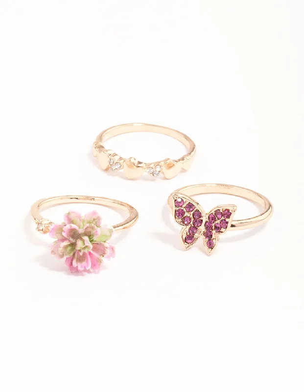 women’s elegant rings-Gold Flower Butterfly Ring Pack