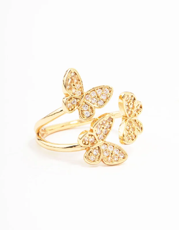 women’s anniversary rings-Gold Plated Cubic Zirconia Butterfly Trio Ring