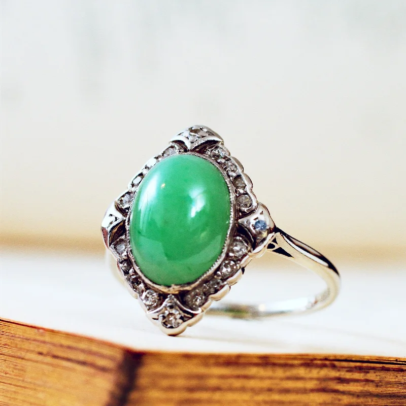 women’s custom designed engagement rings-Superb Gem Quality Antique Jade & Diamond Ring