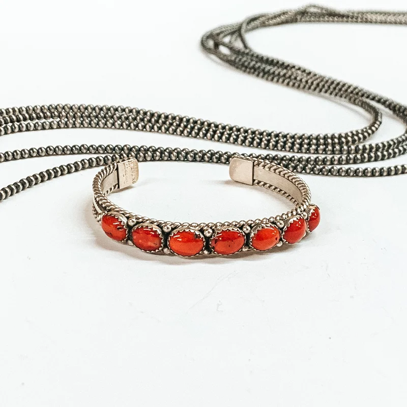 women’s engraved bangles-Begay | Navajo Handmade Sterling Silver Cuff With Seven Red Coral Oval Stones