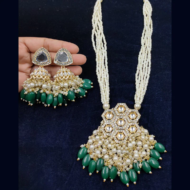 women’s wedding necklaces-Gehana Mahal Gold Plated Kundan And Pearl Long Necklace Set