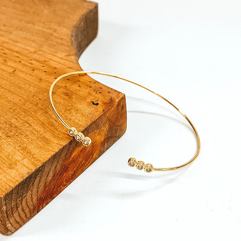 women’s delicate bangles-Thin Wire Bangle with Tiny Clear Crystal Ends in Gold Tone