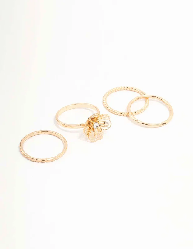 women’s pear-shaped diamond rings-Gold Diamante Wire Flower Rings 4-Pack