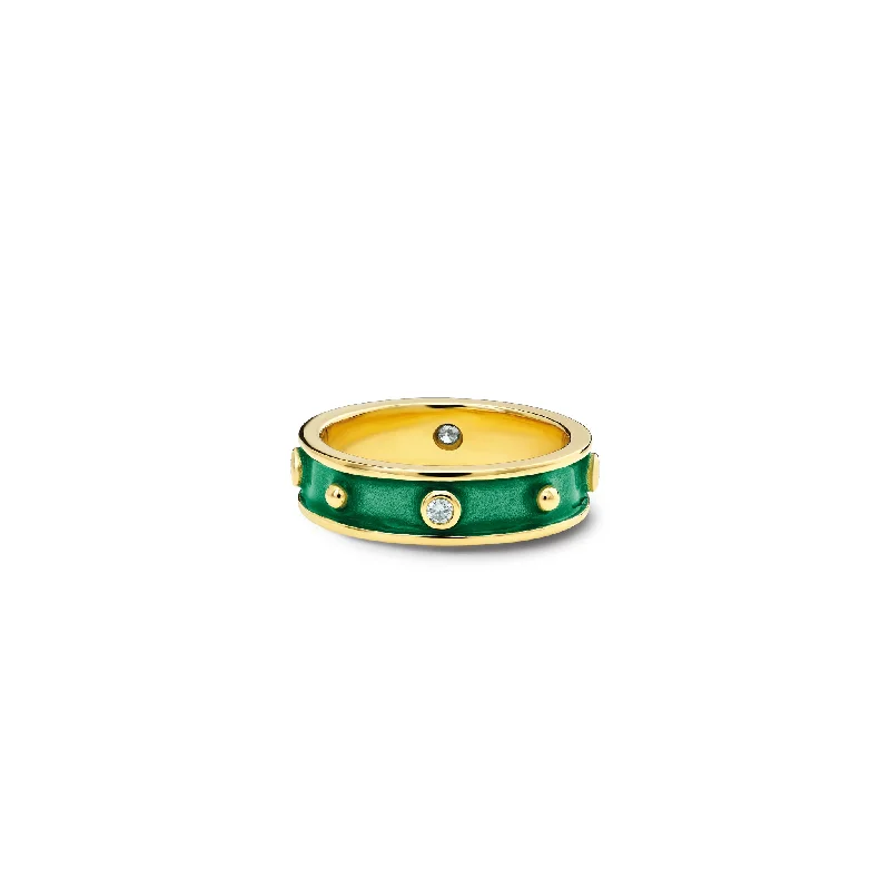 women’s emerald rings-Decimus Ring 18ct Yellow Gold - Emerald Green Enamel & Diamond