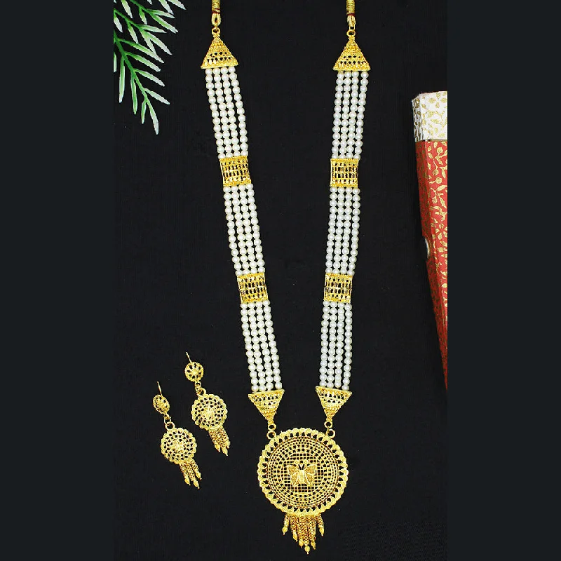 women’s art deco necklaces-Mahavir Dye Gold Pearl Long Necklace Set