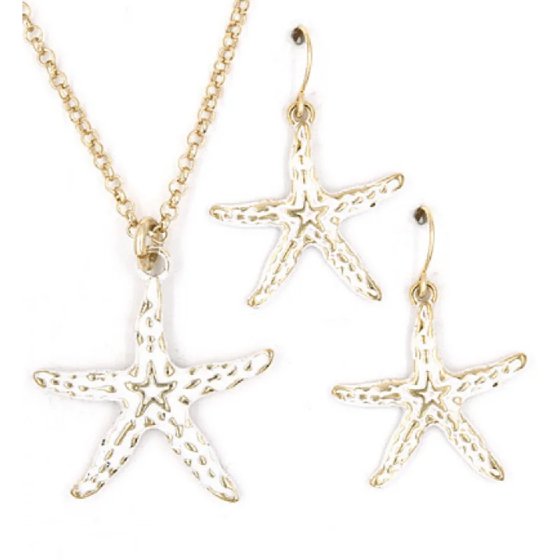 women’s gift necklaces-Gold & White Starfish Pendant Necklace Set