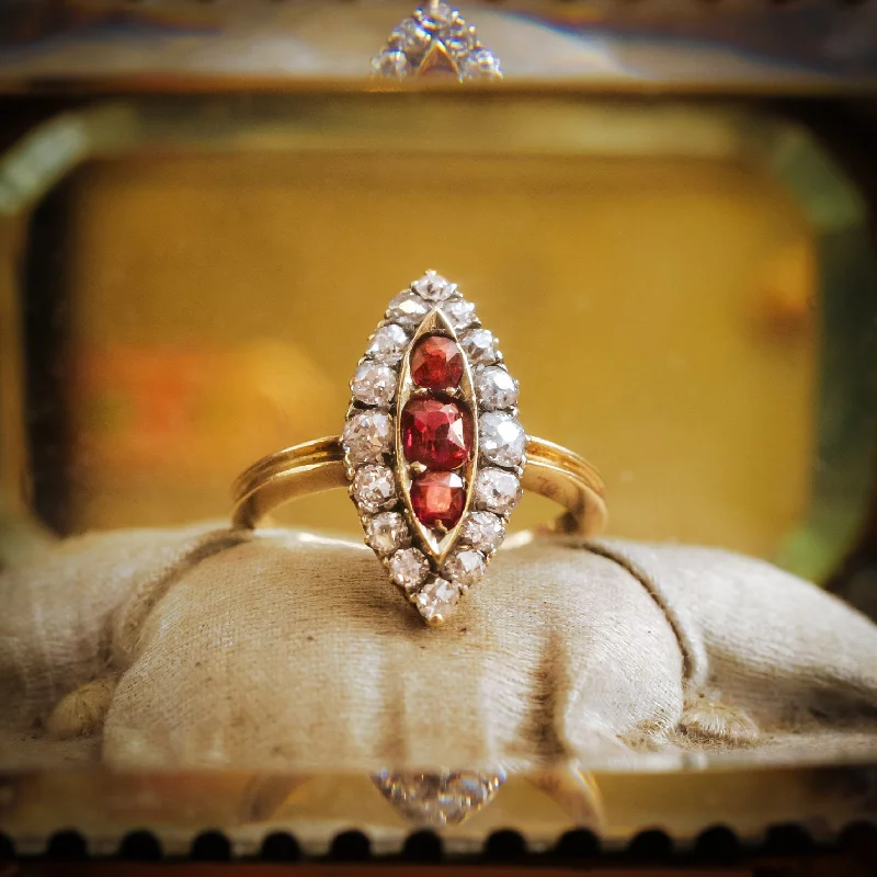 women’s white diamond engagement rings-Nicely Nostalgic Antique Navette Ruby and Diamond Ring