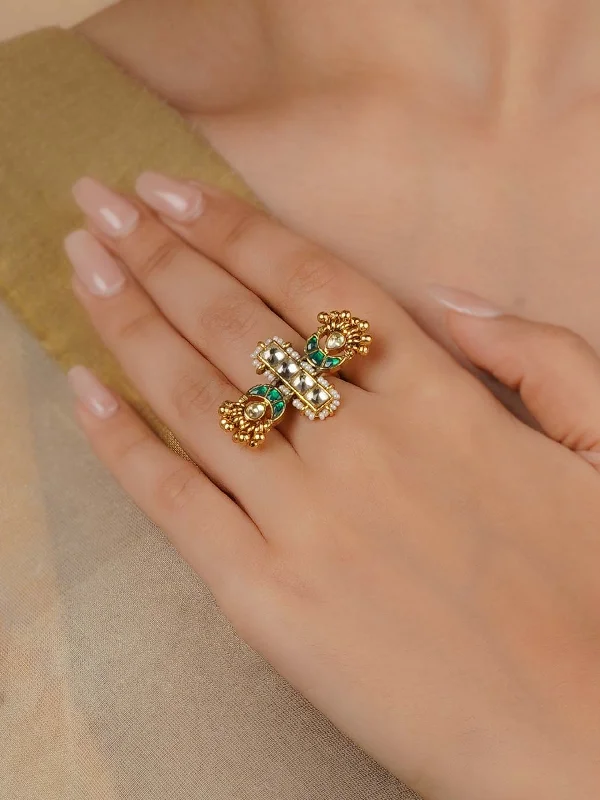 women’s promise rings-Gold Plated Jadau Kundan Ring - MRNG187